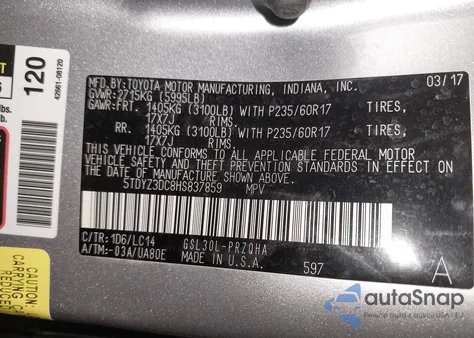 2017 Toyota Sienna Xle 8 Passenger из США, поврежденный, VIN 5TDYZ3DC8HS837859